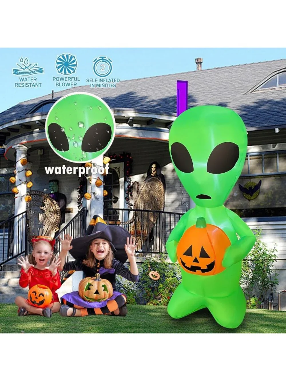 4 FT Halloween Inflatable Alien & Pumpkin - LED Lighted Yard Decor for Parties